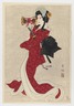 Onnagata Stands in Red Kimono Playing Tsutsumi Drum
