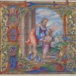Two Manuscript Illuminations with Initials Mounted in One Frame: (N) Christ and the Woman of Samaria at the Well and  (L) The Return of the Prodigal Son