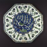 Octagonal Tile Depicting Peacock in Prunus Tree