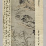 An Old Man Walking by a Stream, with Distant Mountains