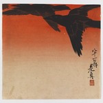 Crows Fly by Red Sky at Sunset