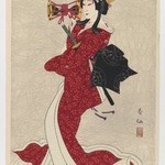Onnagata Stands in Red Kimono Playing Tsutsumi Drum