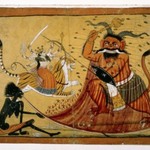 Durga Slaying the Buffalo Demon, Raktabij, and Kali Lapping up the Demons Blood, Page from a Markandeya Purana Series