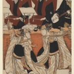 Two Actors as Iwai Hyanshiro IV and Segawa Kikunojo III in the "Karukoma" Dance Accompanied by Joruri Recitation on Stage
