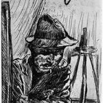 Self-Portrait with Hat at Drawing Board, by Gaslight (Selbstbildnis mit Hut beim Zeichenbrett, mit Gaslicht)