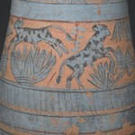 Tear Drop Shaped Vase with Painted Designs of Maidens, Cows, Swamp Plants, etc.