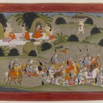 Battle between Lava and Ramas brother, Shatrughna, near the hermitage of Valmiki, Page from a Dispersed Ramayana Series