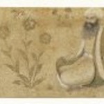 Portraits of Two Scribes Seated with Books and Writing Table Amid Gold Flowers, Section of a Margin of a Royal Album Page