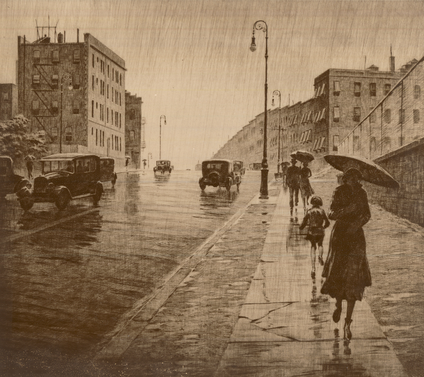 Martin Lewis (American, born Australia, 1883-1962). Rainy Day, Queens, 1931. Drypoint on paper, image: 10 5/8 x 11 7/8 in. (27 x 30.2 cm). Brooklyn Museum, Gift of Mrs. Dudley Nichols in memory of her husband, 63.204.22. © artist or artist's estate